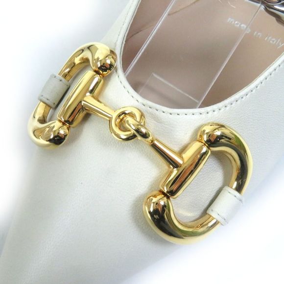 Gucci 621161 Leather Horsebit Pointed Toe Flat Pumps With Chain Ivory Gold And - Picture 8 of 14